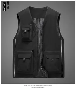 Macro shot of black utility vest featuring breathable mesh back and multiple pockets