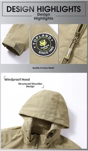 Detail of khaki windbreaker showing branded arm patch and adjustable velcro cuffs