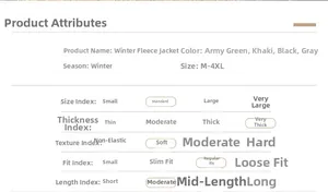 Detailed chart showing color options and sizing for men's hooded winter jackets