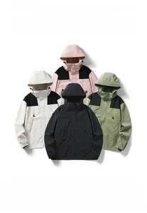 Selection of colorful waterproof outdoor jackets featuring functional hoods and elastic cuffs