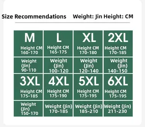 Size guide table for men jacket showing height and weight recommendations from M to 6XL