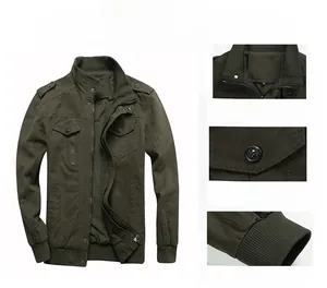 Detail view of olive green cotton jacket showing stand collar and ribbed cuffs
