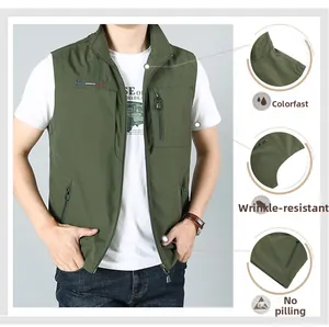 Detail of army green quick-dry vest showing anti-wrinkle, non-fading, and pilling fabric