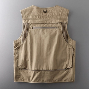 Back view of khaki tactical vest with breathable mesh panels and large utility pockets