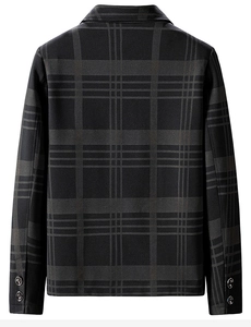 Rear view of a men's grey and black plaid jacket showing shoulder seams and buttoned cuffs