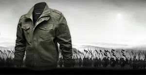 Close-up detail of olive green military cotton jacket featuring functional chest pockets