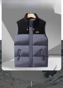 Detail of men's padded vest featuring a ribbed stand collar and decorative woven labels