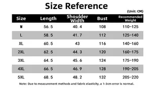 Detailed size chart for multi-pocket utility vest showing M to 5XL measurements in CM
