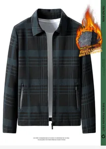 Men's winter jacket detail featuring warm fleece lining and plaid pattern design
