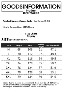 Detailed size chart for men cargo jacket showing measurements from M to 5XL in centimeters