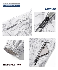 Detailed views of printed windbreaker showing zipper, elastic cuffs, and zipped pockets