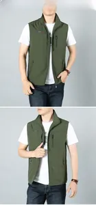 Front detail of army green outdoor utility vest with multiple functional zipper pockets