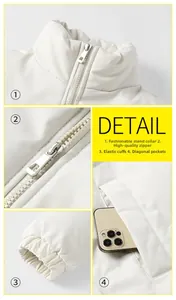 Detail showing stand collar, textured zipper, elastic cuffs and side pockets on men puffer coat