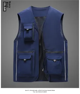 Detail view of navy blue functional vest with multiple utility pockets and mesh lining