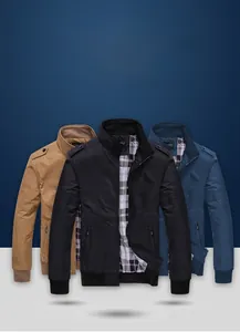 Three men's stand collar casual jackets in black, khaki, and navy with plaid lining