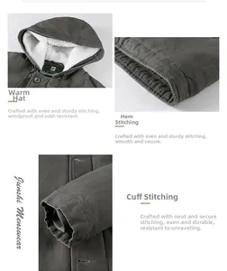 Detail of men's winter work jacket showing windproof hood with fleece lining and fine stitching