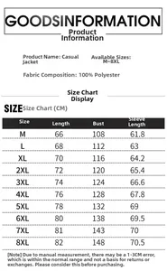 Detailed men's casual jacket size chart for sizes M to 8XL in centimeters