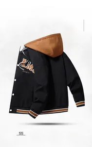 Detail view of the ribbed cuffs and embroidery on a hooded letterman baseball jacket