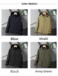 Outdoor hooded jackets in navy, khaki, black, and army green with functional pockets