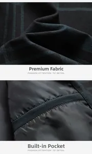 Close-up of premium blue plaid fabric and functional inner pocket on men's jacket