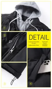 Details von Winter-Pufferjacke mit Kapuze, Reißverschluss, Saum und Seitentaschen