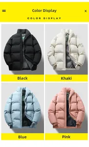 Men's thickened stand collar puffer jacket in black, khaki, blue, and pink colors
