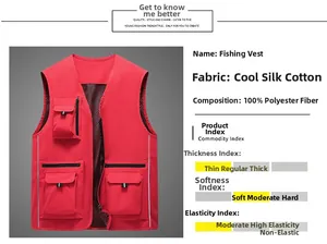 Detail view of red fishing vest with multi-pocket design and black mesh lining for airflow