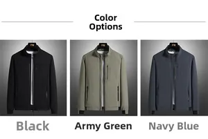 Men's casual stand collar jacket shown in black, army green, and navy blue options