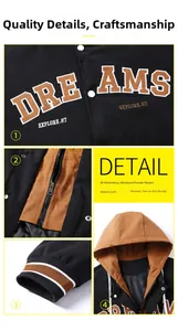 Detail view of 3D embroidery and double placket on the hooded patchwork jacket