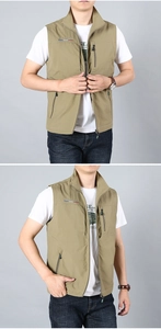 Detail of light khaki quick-dry vest featuring embroidery logo and functional pockets