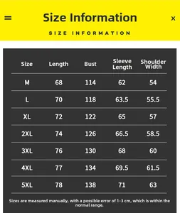 Men's padded jacket size guide showing M to 5XL measurements for length and chest