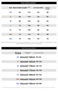 Detailed size chart for men jacket with chest and length measurements from XS to 3XL