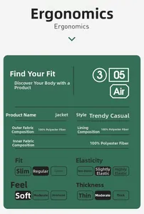 Detailed chart showing size and material specs for the polyester casual jacket
