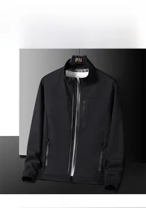 Detailed front view of black casual jacket with metal zippers and stand collar
