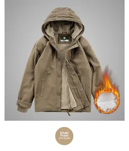 Detail of khaki jacket showing thick fleece lining and durable windproof hood design