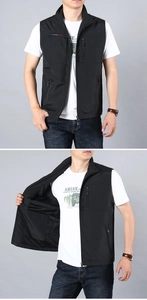 Detail of men's quick-dry vest showing multi-pocket design and breathable mesh lining