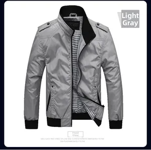 Front view of light gray men's standing collar jacket with black ribbed cuffs and plaid lining