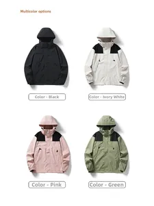 Detail view of multi-color windbreakers in black, ivory, pink and green waterproof fabrics