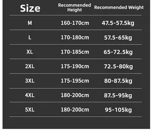 Size chart for winter jacket from M to 5XL with recommended height and weight