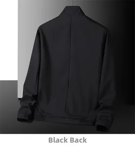 Rear view of black casual men's jacket showing ribbed hem and sleeve cuff details