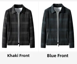 Detailed front view of men's casual plaid jackets in khaki and blue with classic check patterns