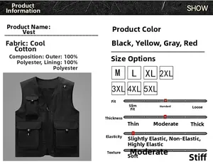 Fiche technique détaillée pour gilet de pêche outdoor multipoches, tailles M-5XL, noir