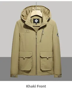 Detail of khaki men's windproof jacket featuring drawstring hood and cargo pockets