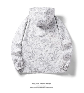 Detail of windproof jacket showing tropical leaf print and velvet collar technology