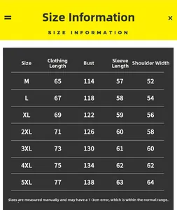 Detaillierte Größentabelle für Herren Winterpufferjacke mit Maßen von M bis 5XL