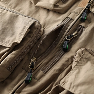 Close-up of tactical utility vest with functional multi-pockets and sports zippers