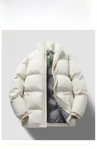 Detail view of khaki stand-collar puffer jacket featuring windproof fabric and elastic cuffs