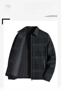 Close-up of a men's grey plaid jacket showing high-quality zipper and fabric texture