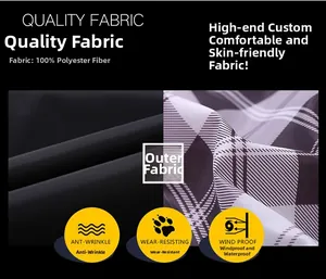 Close-up of 100% polyester fabric showing black plain and purple plaid textures