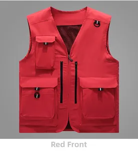 Détails du gilet de pêche rouge avec poches zippées, anneau en D et doublure en maille